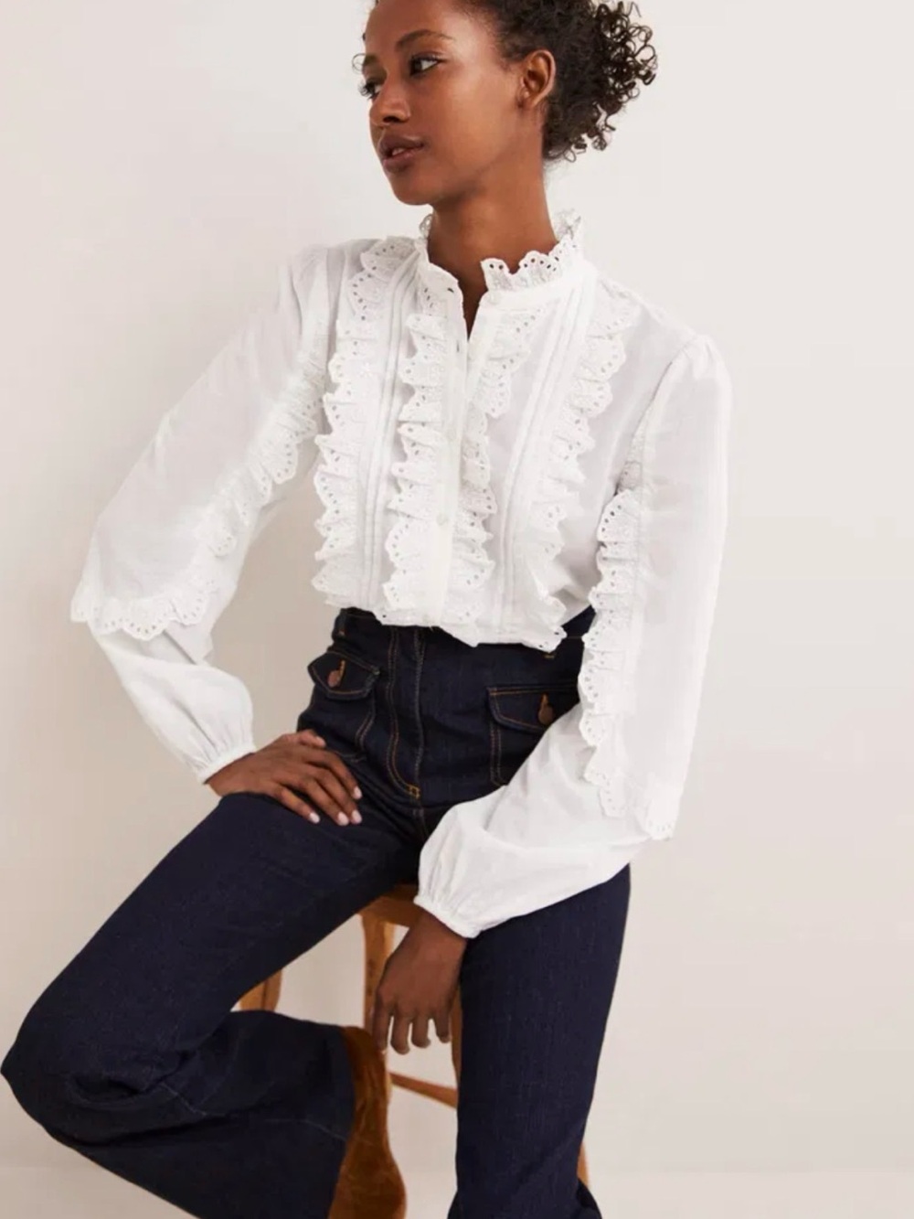BNWT Boden Broderie White Eyelet Ruffle Front Blouse size 12